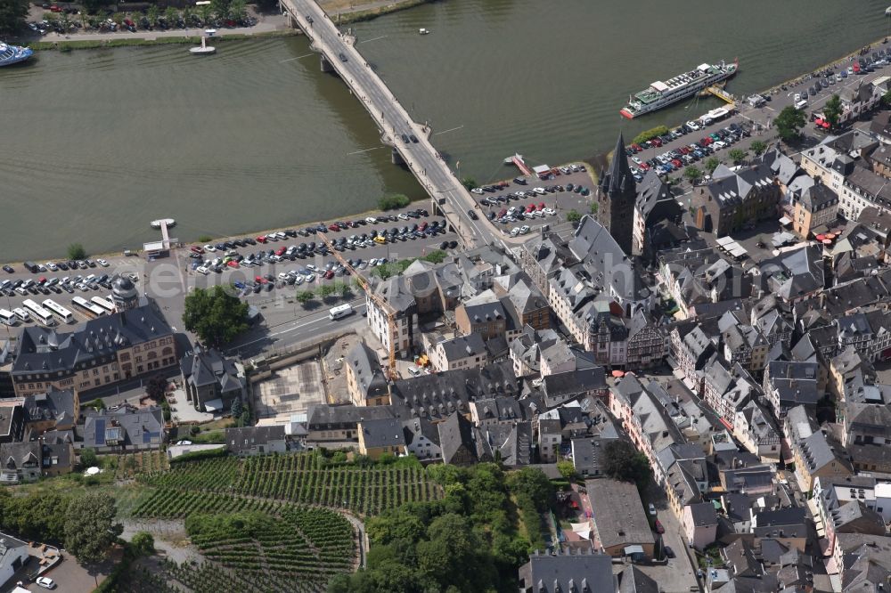 Bernkastel-Kues from above - City view on the river bank of the river Mosel in Bernkastel-Kues in the state Rhineland-Palatinate, Germany. Historic city center on the Gestade