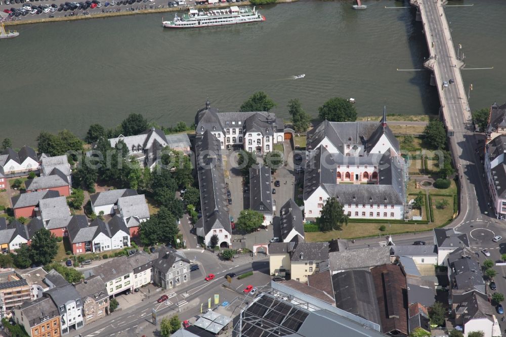 Bernkastel-Kues from above - City view on the river bank of the river Mosel in Bernkastel-Kues in the state Rhineland-Palatinate, Germany. Over the Mosel leads a road bridge