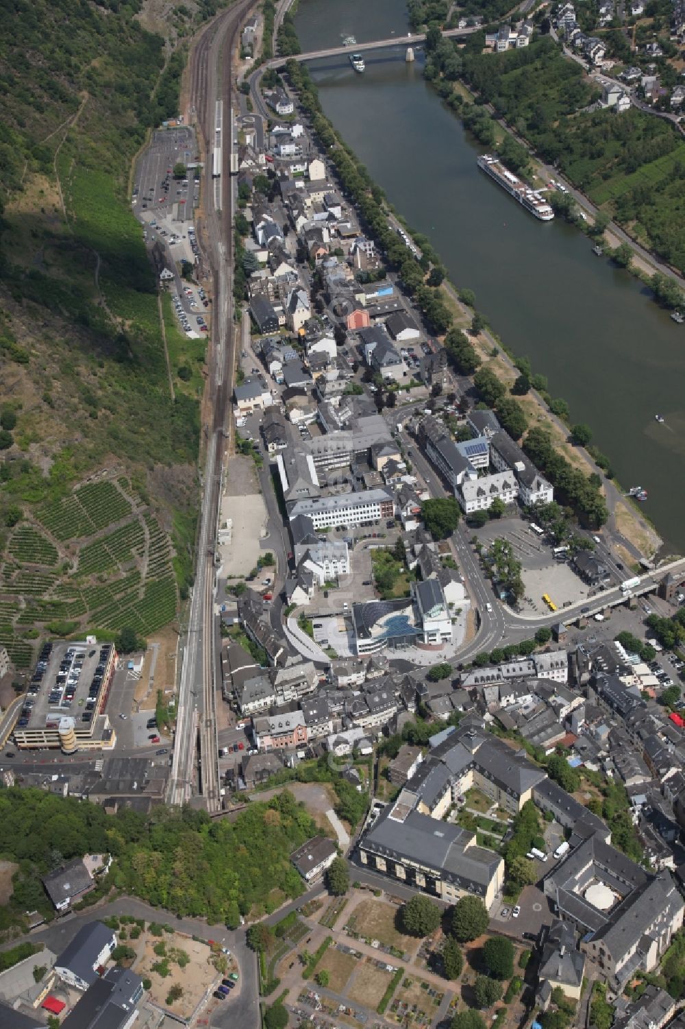 Cochem from above - City view on the river bank of the river Mosel in Cochem in the state Rhineland-Palatinate, Germany