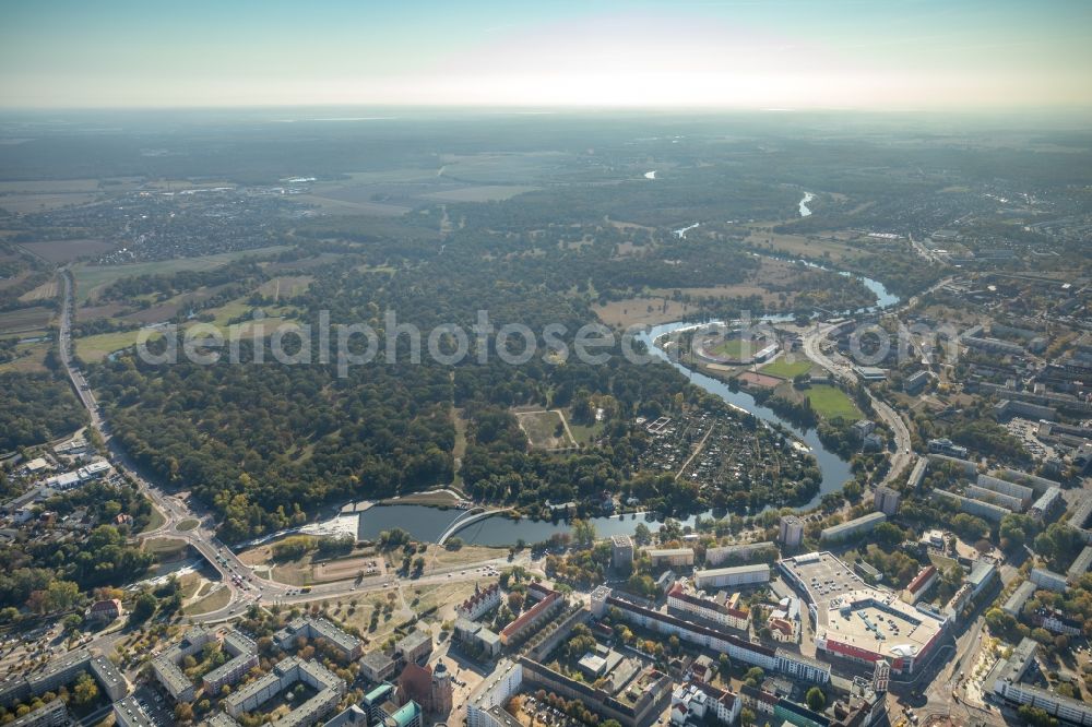 Dessau from the bird's eye view: City view on the river bank of Mulde in Dessau in the state Saxony-Anhalt, Germany