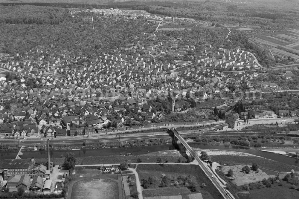 Plochingen from above - City view on the river bank of Neckars in Plochingen in the state Baden-Wuerttemberg, Germany