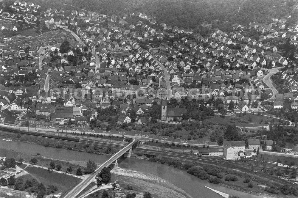 Plochingen from the bird's eye view: City view on the river bank of Neckars in Plochingen in the state Baden-Wuerttemberg, Germany