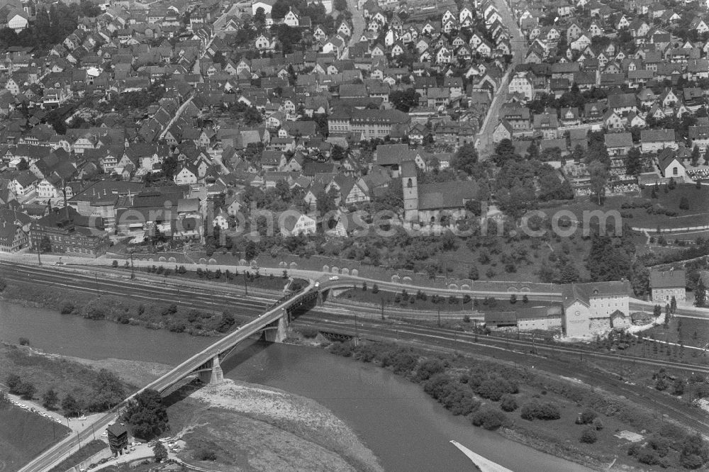 Aerial image Plochingen - City view on the river bank of Neckars in Plochingen in the state Baden-Wuerttemberg, Germany