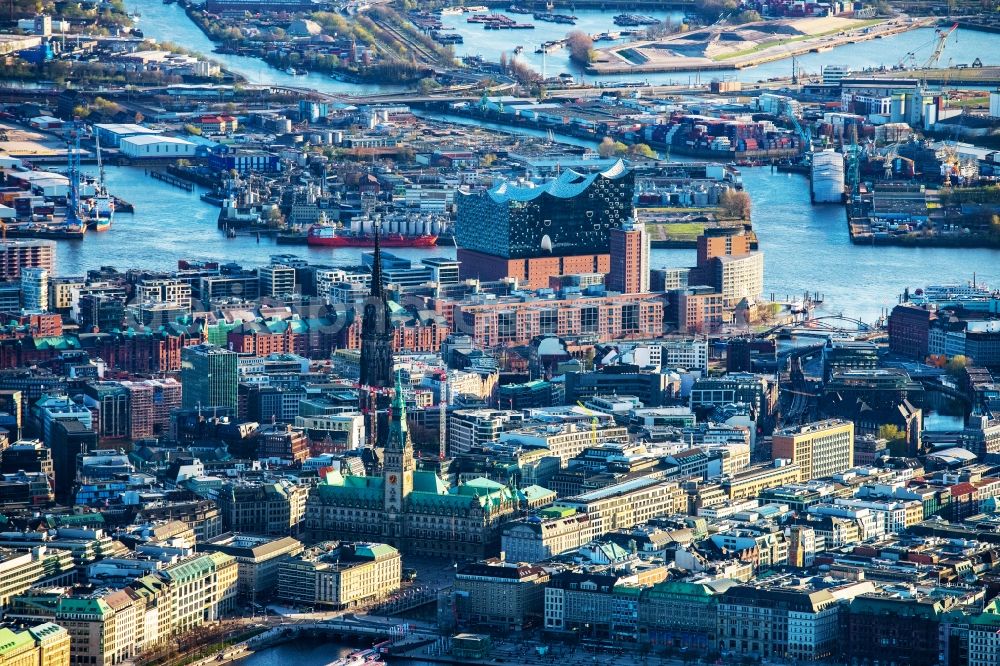 Hamburg from above - City view on the banks of the river course of the Norderelbe in the district HafenCity with the Elbphilharmonie in Hamburg, Germany