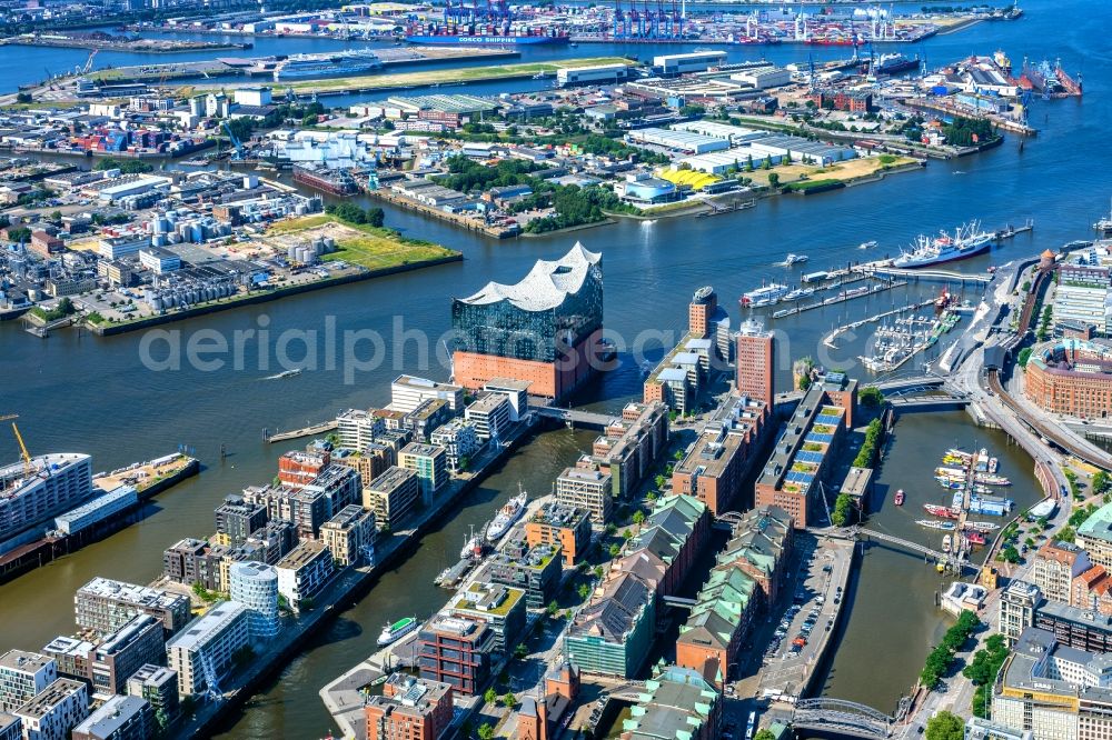 Hamburg from above - City view on the banks of the river course of the Norderelbe in the district HafenCity with the Elbphilharmonie in Hamburg, Germany