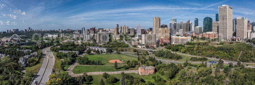 Aerial image Edmonton - City view on the river bank North Saskatchewan River on street 100 Street Northwest in Edmonton in Alberta, Canada