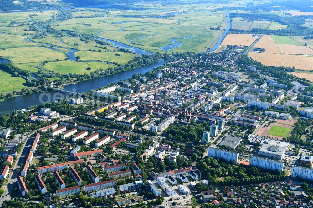 Schwedt/Oder from above - City view on the river bank of Oder in Schwedt/Oder in the state Brandenburg, Germany