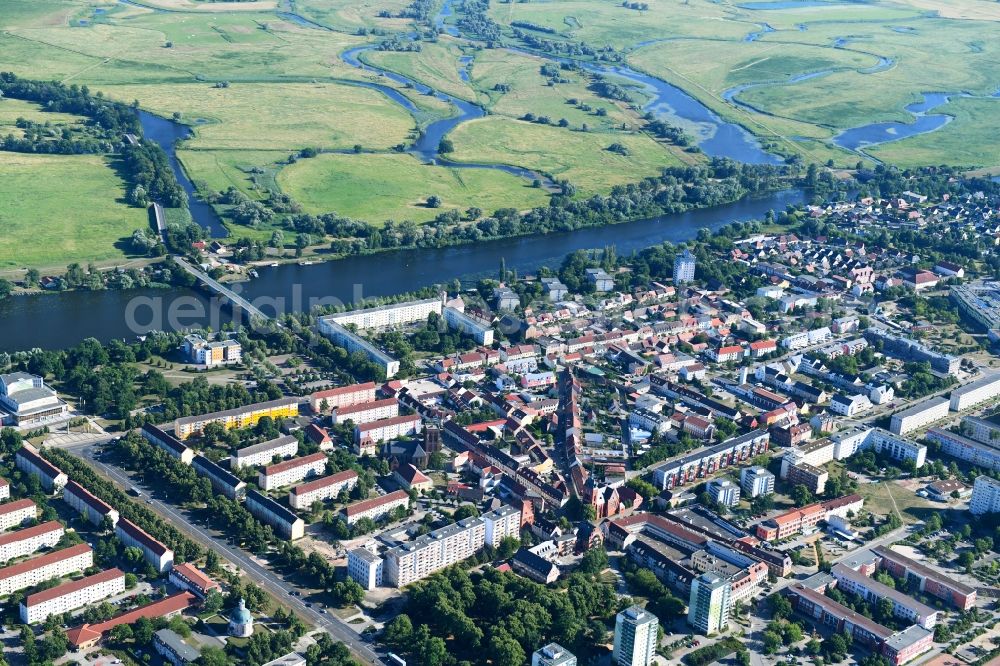 Schwedt/Oder from the bird's eye view: City view on the river bank of Oder in Schwedt/Oder in the state Brandenburg, Germany