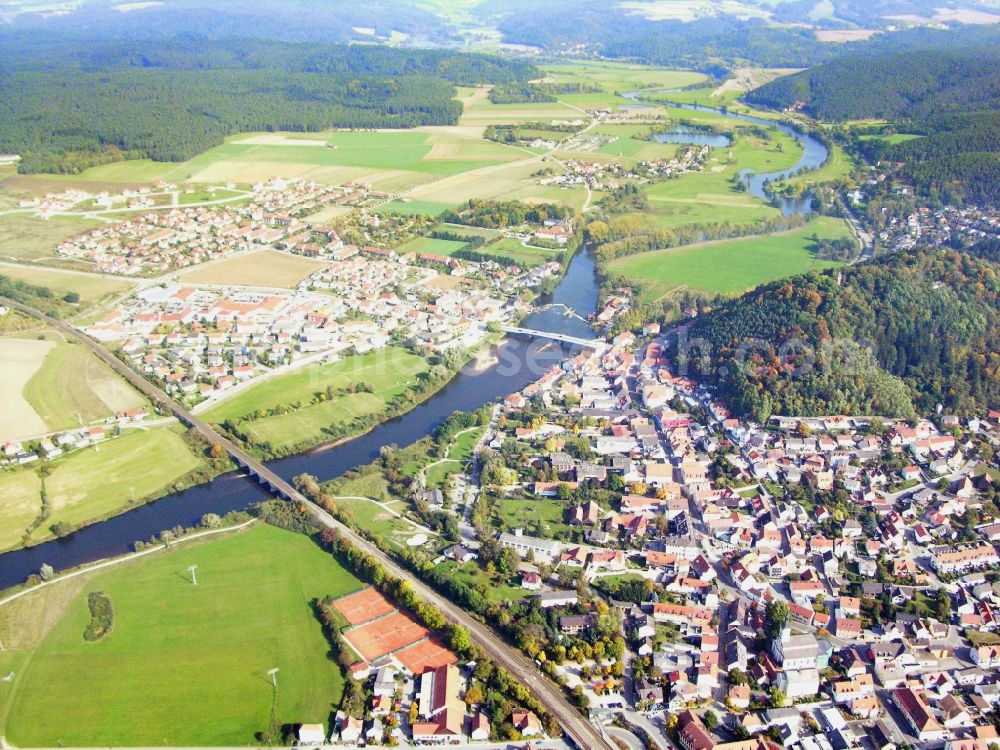 Regenstauf from above - City view on the river bank of Regen in Regenstauf in the state Bavaria, Germany