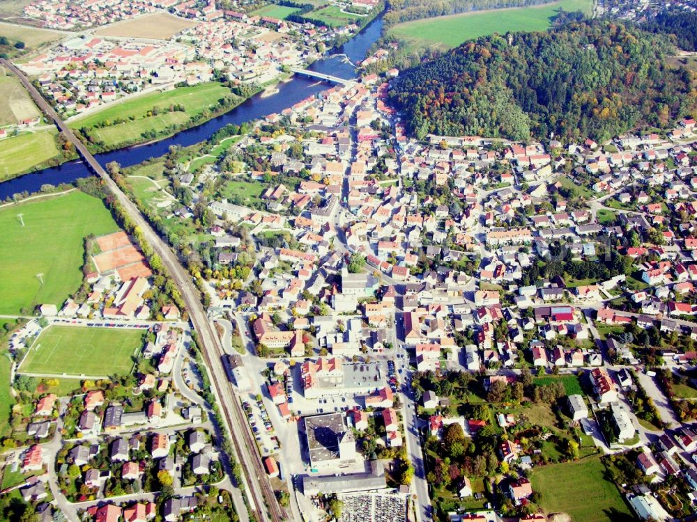 Regenstauf from the bird's eye view: City view on the river bank of Regen in Regenstauf in the state Bavaria, Germany