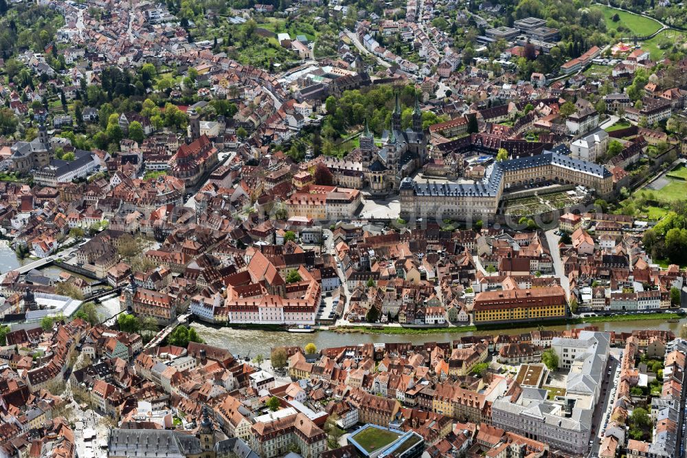 Bamberg from above - City view on the river bank Regnitz in Bamberg in the state Bavaria, Germany