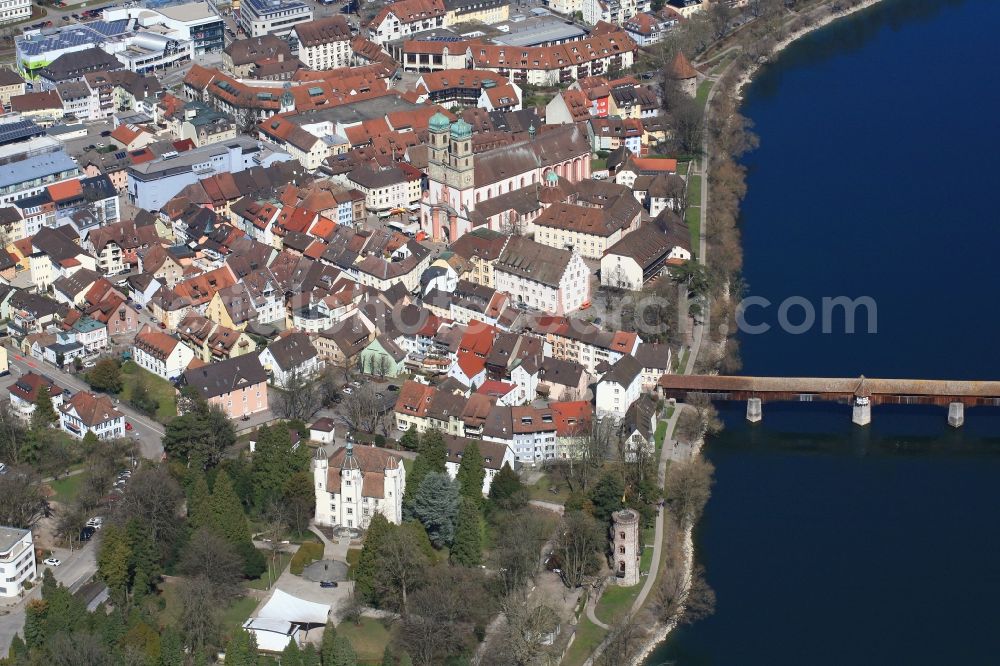 Aerial image Bad Säckingen - City view on the river bank of the Rhine river in Bad Saeckingen in the state Baden-Wuerttemberg, Germany