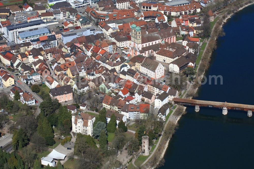 Aerial image Bad Säckingen - City view on the river bank of the Rhine river in Bad Saeckingen in the state Baden-Wuerttemberg, Germany