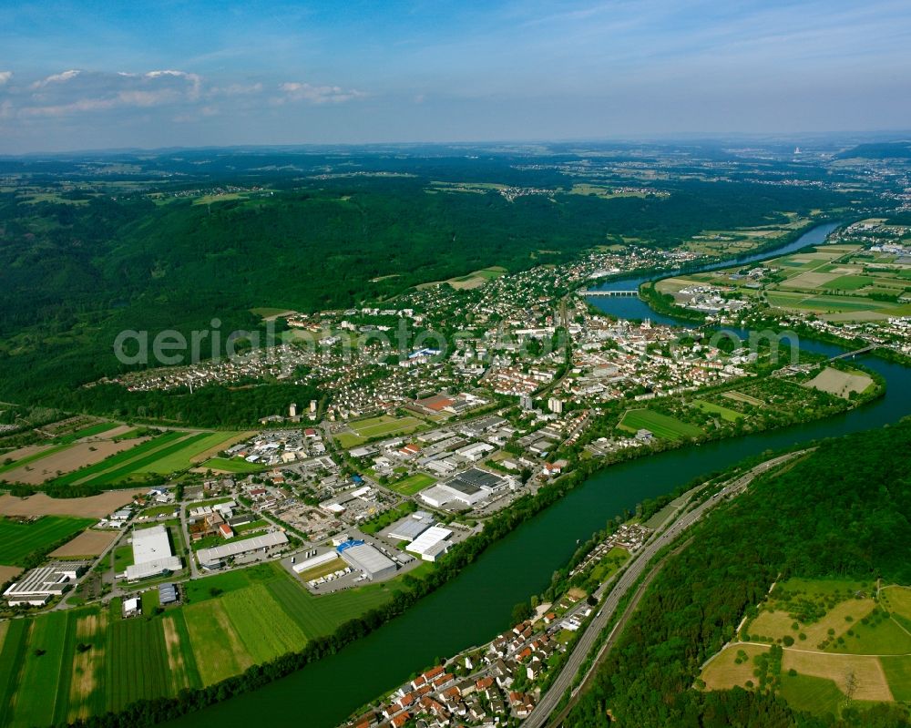 Aerial image Bad Säckingen - City view on the river bank of the Rhine river in Bad Saeckingen in the state Baden-Wuerttemberg, Germany