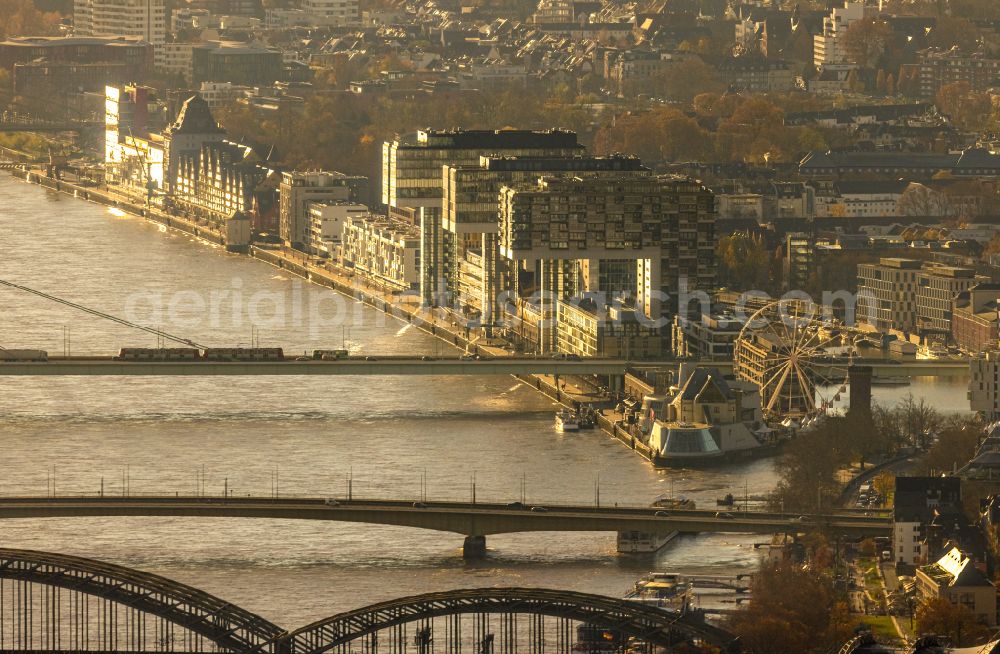 Aerial photograph Köln - City view on the river bank Rhein with view auf die Rheinauhalbinsel in the district Altstadt-Sued in Cologne in the state North Rhine-Westphalia, Germany