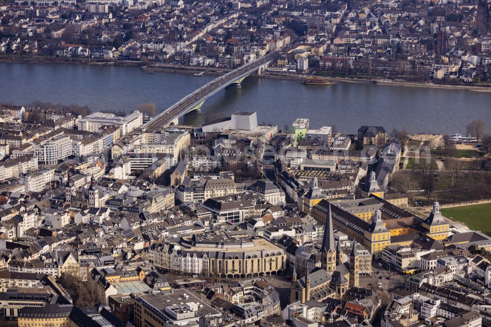 Bonn from the bird's eye view: City view on the river bank of the Rhine river in Bonn in the state North Rhine-Westphalia, Germany