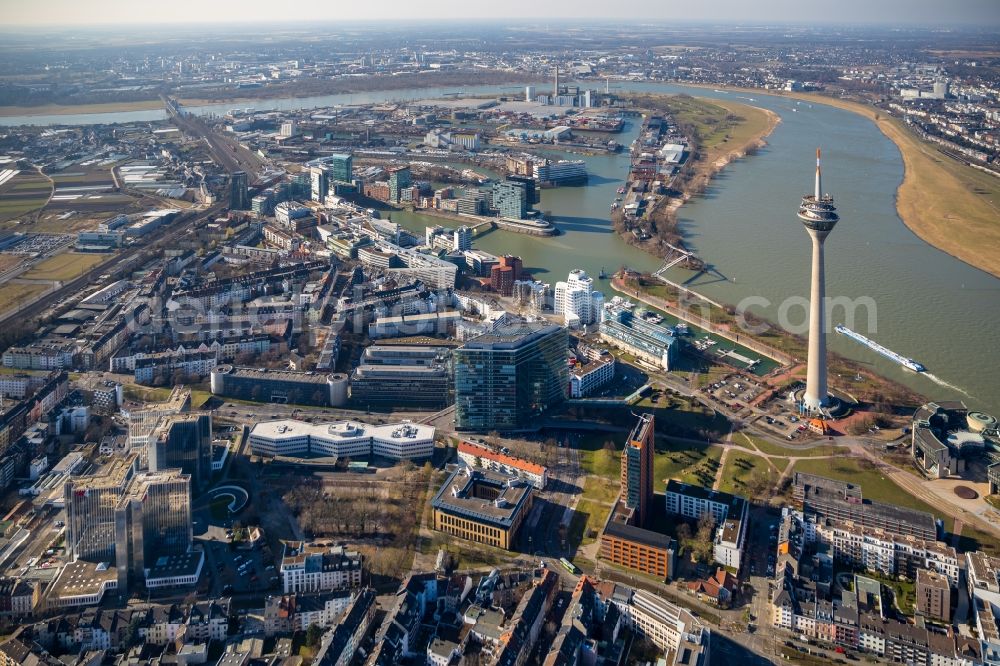 Düsseldorf from above - City view on the river bank of the Rhine river in Duesseldorf in the state North Rhine-Westphalia, Germany