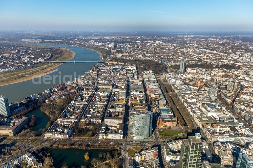 Düsseldorf from above - City view on the river bank of the Rhine river in Duesseldorf in the state North Rhine-Westphalia, Germany