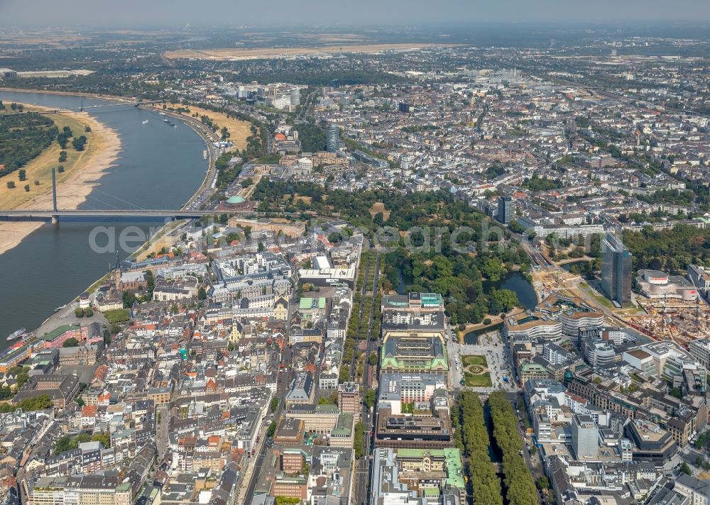 Düsseldorf from above - City view on the river bank of the Rhine river in Duesseldorf in the state North Rhine-Westphalia, Germany