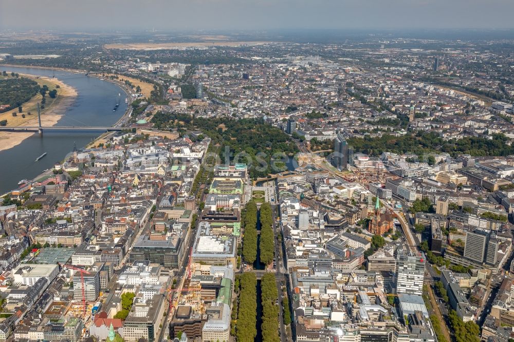 Düsseldorf from above - City view on the river bank of the Rhine river in Duesseldorf in the state North Rhine-Westphalia, Germany