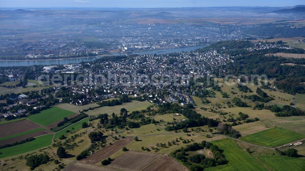 Feldkirchen from above - City view on the river bank of the Rhine river in Feldkirchen in the state Rhineland-Palatinate, Germany