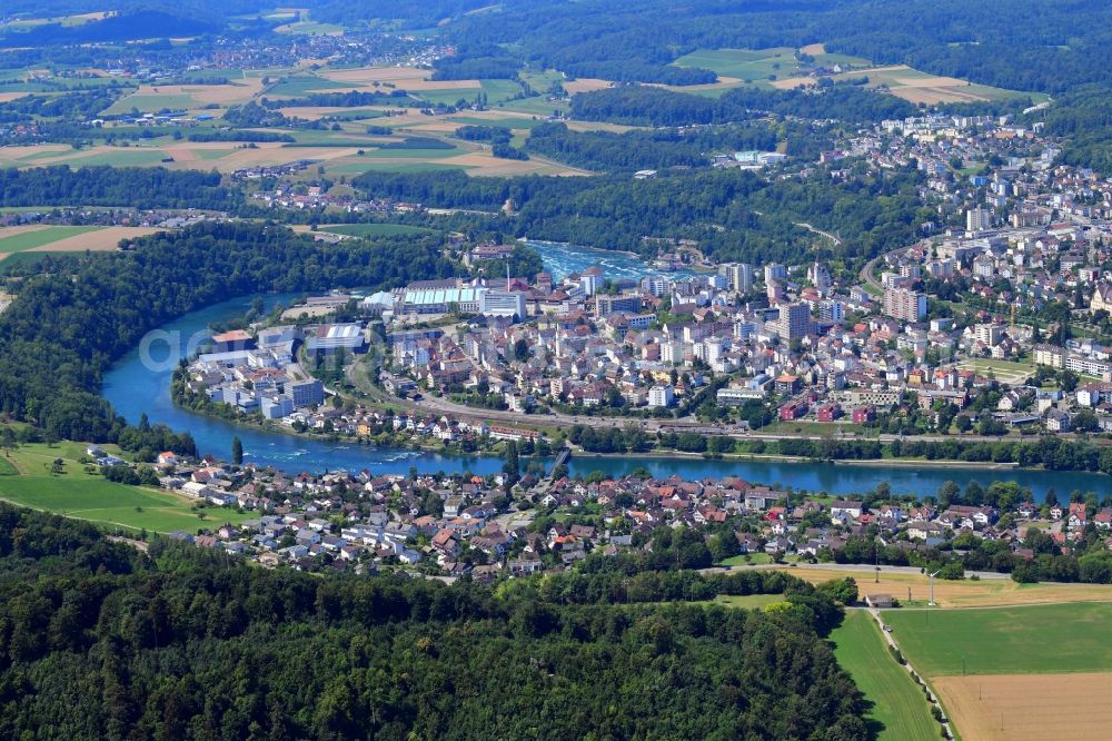 Aerial photograph Flurlingen - City view on the river bank of the Rhine river in Flurlingen in the canton Zurich, Switzerland, and Neuhausen am Rheinfall in the canton Schaffhausen