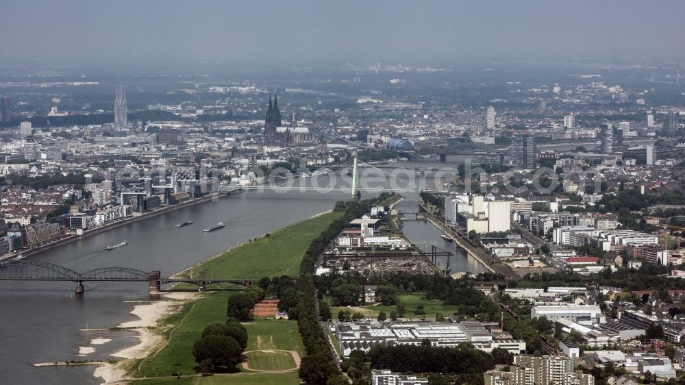 Köln from above - City view on the river bank of the Rhine river in Cologne in the state North Rhine-Westphalia, Germany