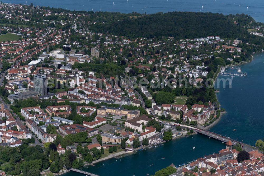 Konstanz from the bird's eye view: City view on the river bank of the Rhein river in Konstanz at Bodensee in the state Baden-Wuerttemberg, Germany