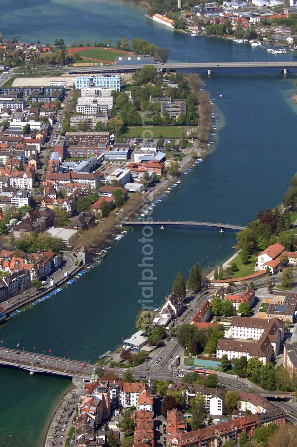 Konstanz from above - City view on the river bank of the Rhine river in Konstanz in the state Baden-Wuerttemberg, Germany