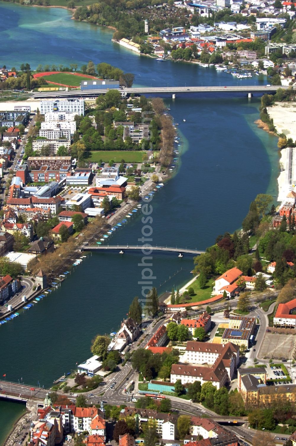 Konstanz from the bird's eye view: City view on the river bank of the Rhine river in Konstanz in the state Baden-Wuerttemberg, Germany