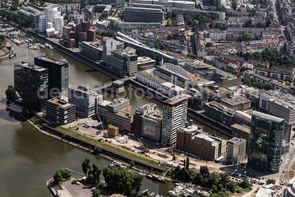 Düsseldorf from above - City view on the river bank of Rhein on Medienhafen in Duesseldorf in the state North Rhine-Westphalia, Germany