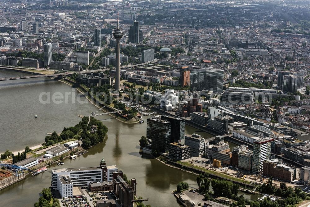 Düsseldorf from above - City view on the river bank of Rhein on Medienhafen in Duesseldorf in the state North Rhine-Westphalia, Germany