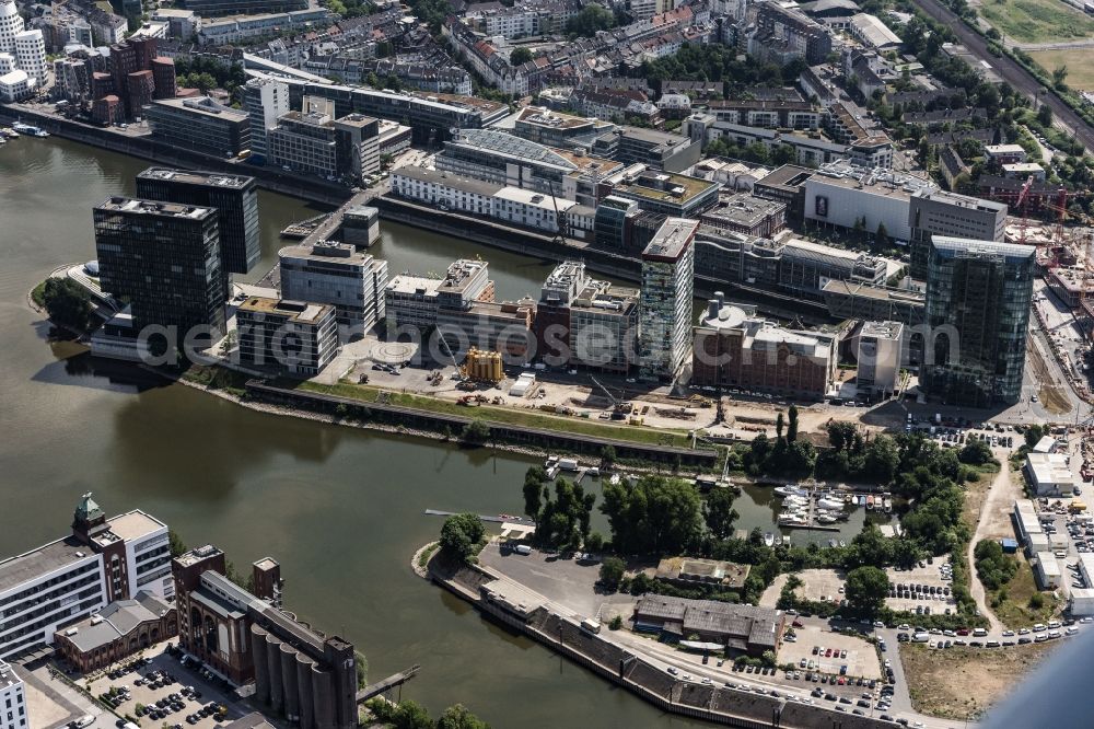 Düsseldorf from above - City view on the river bank of Rhein on Medienhafen in Duesseldorf in the state North Rhine-Westphalia, Germany