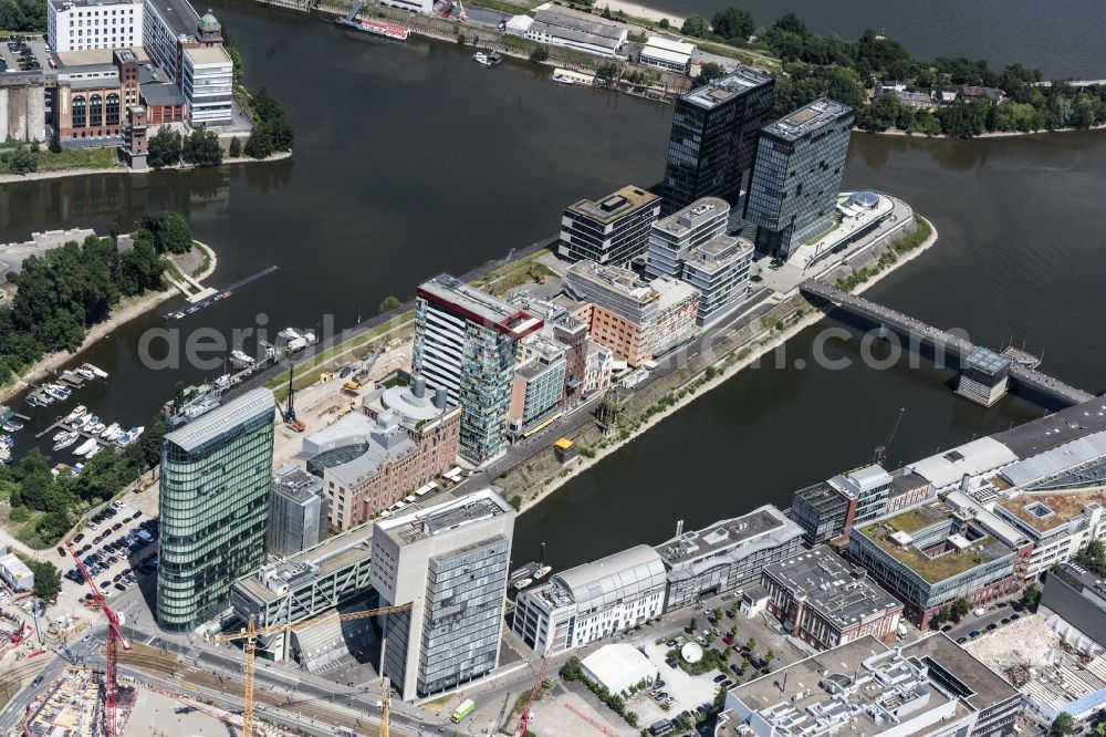 Düsseldorf from above - City view on the river bank of Rhein on Medienhafen in Duesseldorf in the state North Rhine-Westphalia, Germany