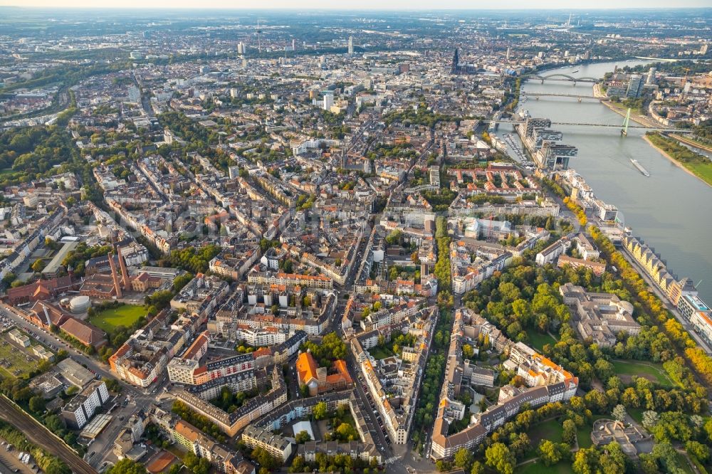 Köln from above - City view on the river bank of the Rhine river in the district Innenstadt in Cologne in the state North Rhine-Westphalia, Germany