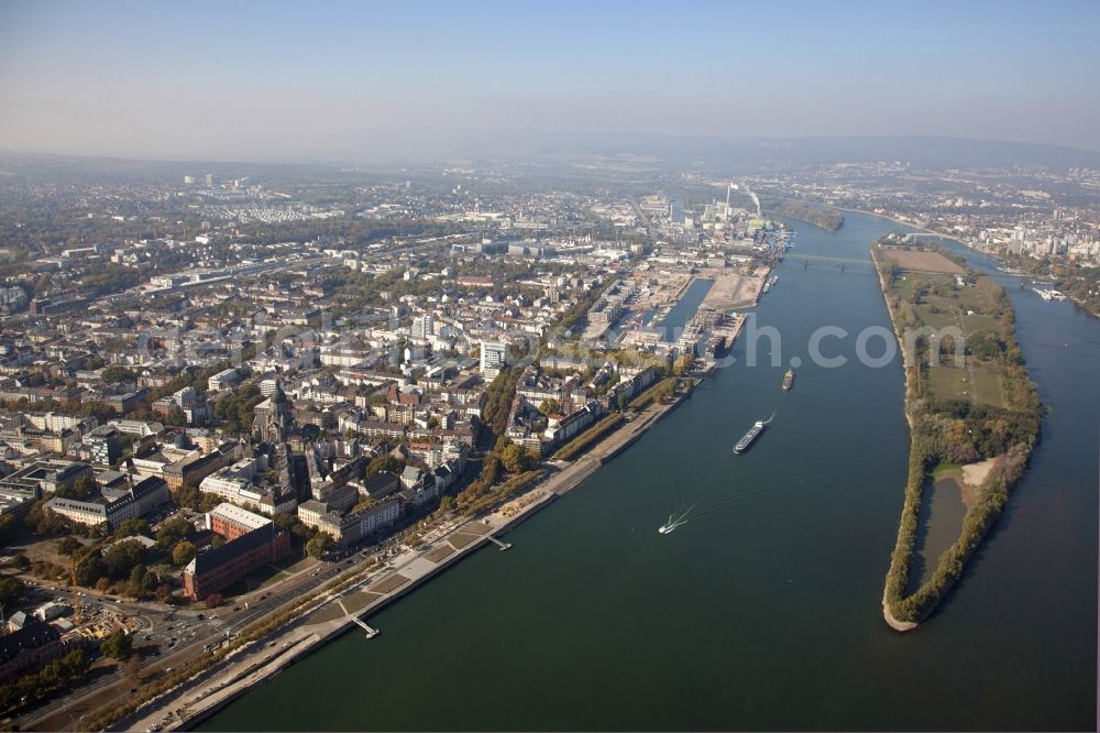 Mainz from above - City view on the left river bank of the Rhine river in Mainz in the state Rhineland-Palatinate, Germany