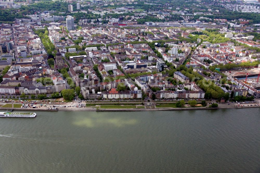 Mainz from above - City view on the left river bank of the Rhine river in Mainz in the state Rhineland-Palatinate, Germany. On the left the Kaiserstrasse and the Christuskirche