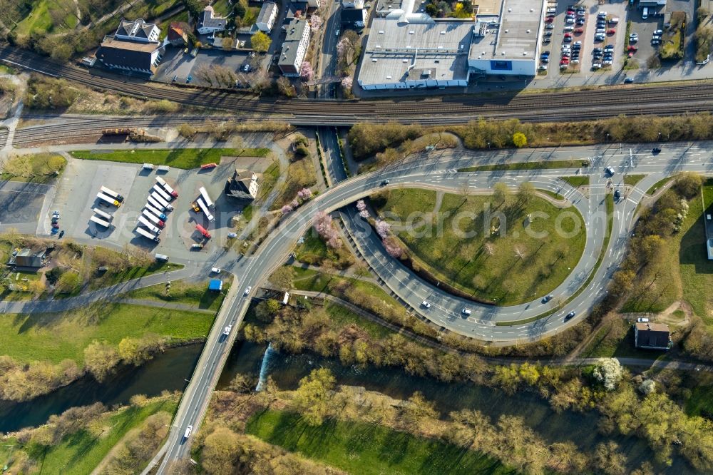 Aerial image Hüsten - City view on the river bank of Ruhr on Arnsberger Strasse in Huesten in the state North Rhine-Westphalia, Germany