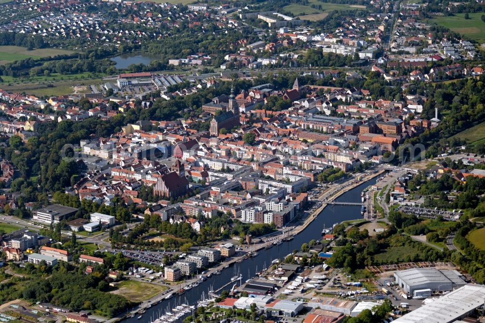 Greifswald from the bird's eye view: City view on the river bank of Ryck in Greifswald in the state Mecklenburg - Western Pomerania, Germany