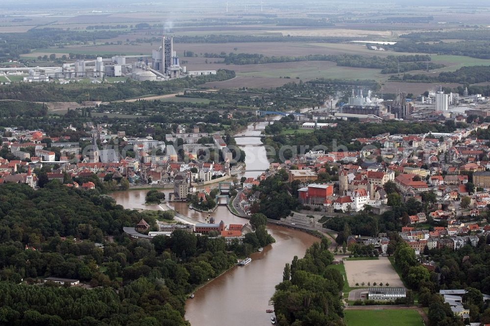 Bernburg (Saale) from above - City view on the river bank of Saale in Bernburg (Saale) in the state Saxony-Anhalt, Germany