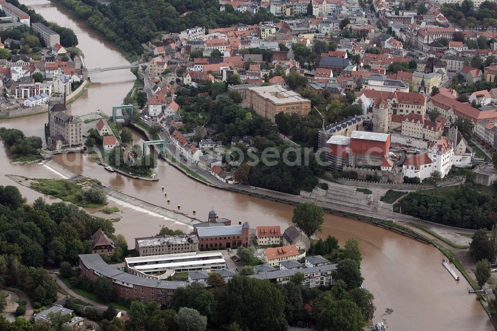 Bernburg (Saale) from the bird's eye view: City view on the river bank of Saale in Bernburg (Saale) in the state Saxony-Anhalt, Germany