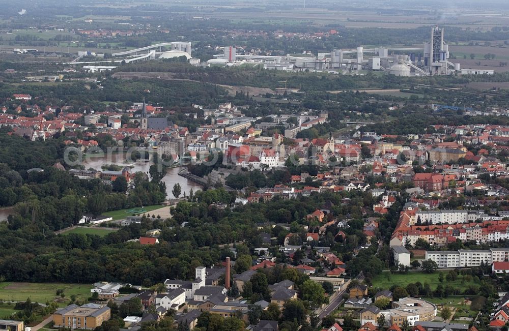 Bernburg (Saale) from above - City view on the river bank of Saale in Bernburg (Saale) in the state Saxony-Anhalt, Germany