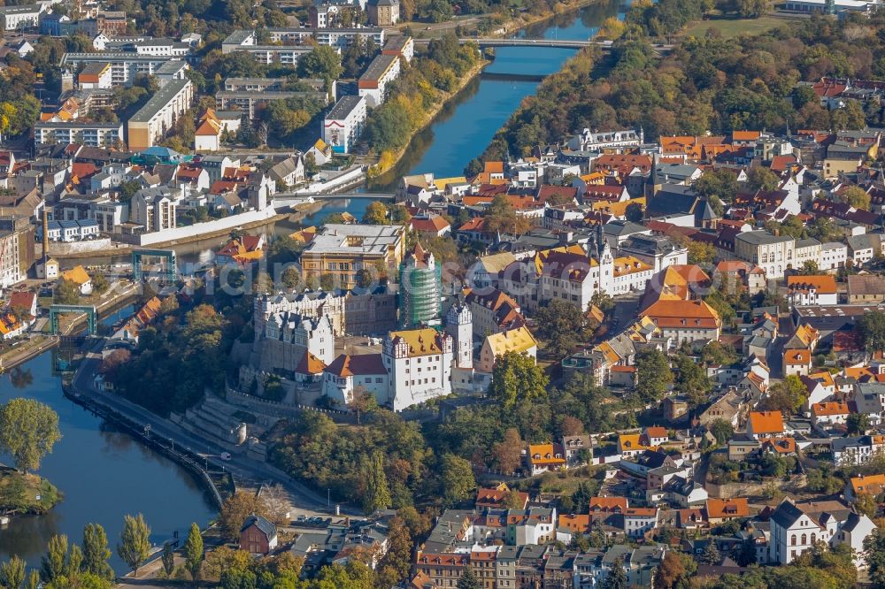 Bernburg (Saale) from above - City view on the river bank of Saale in Bernburg (Saale) in the state Saxony-Anhalt, Germany