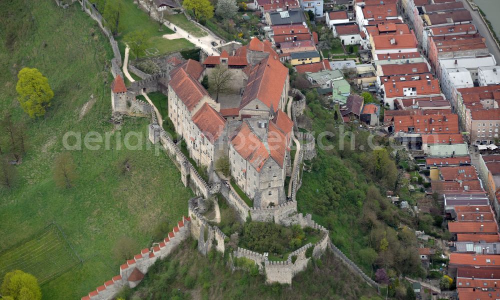 Burghausen from the bird's eye view: City view on the river bank of Salzach in Burghausen in the state Bavaria, Germany