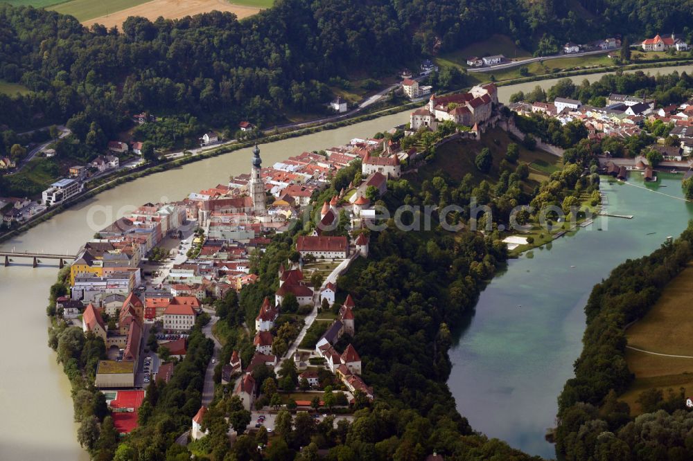 Burghausen from above - City view on the river bank of Salzach in Burghausen in the state Bavaria, Germany