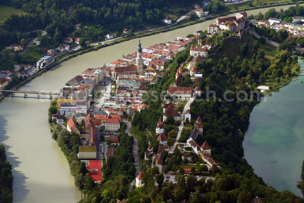 Burghausen from the bird's eye view: City view on the river bank of Salzach in Burghausen in the state Bavaria, Germany