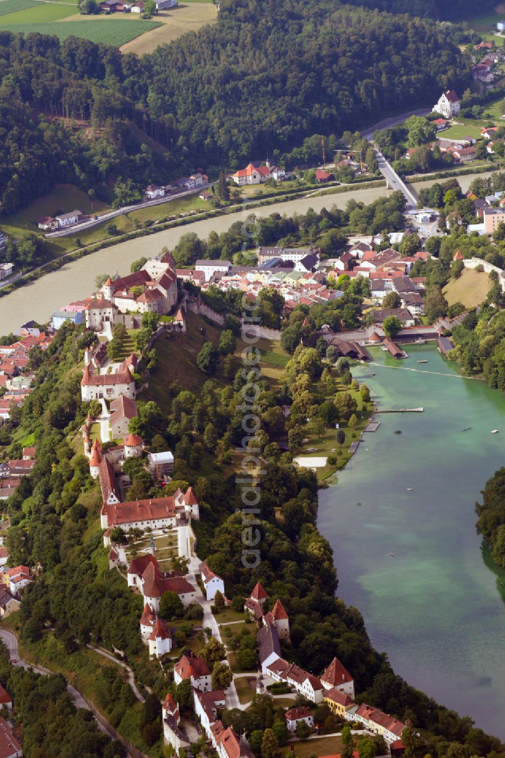 Burghausen from above - City view on the river bank of Salzach in Burghausen in the state Bavaria, Germany