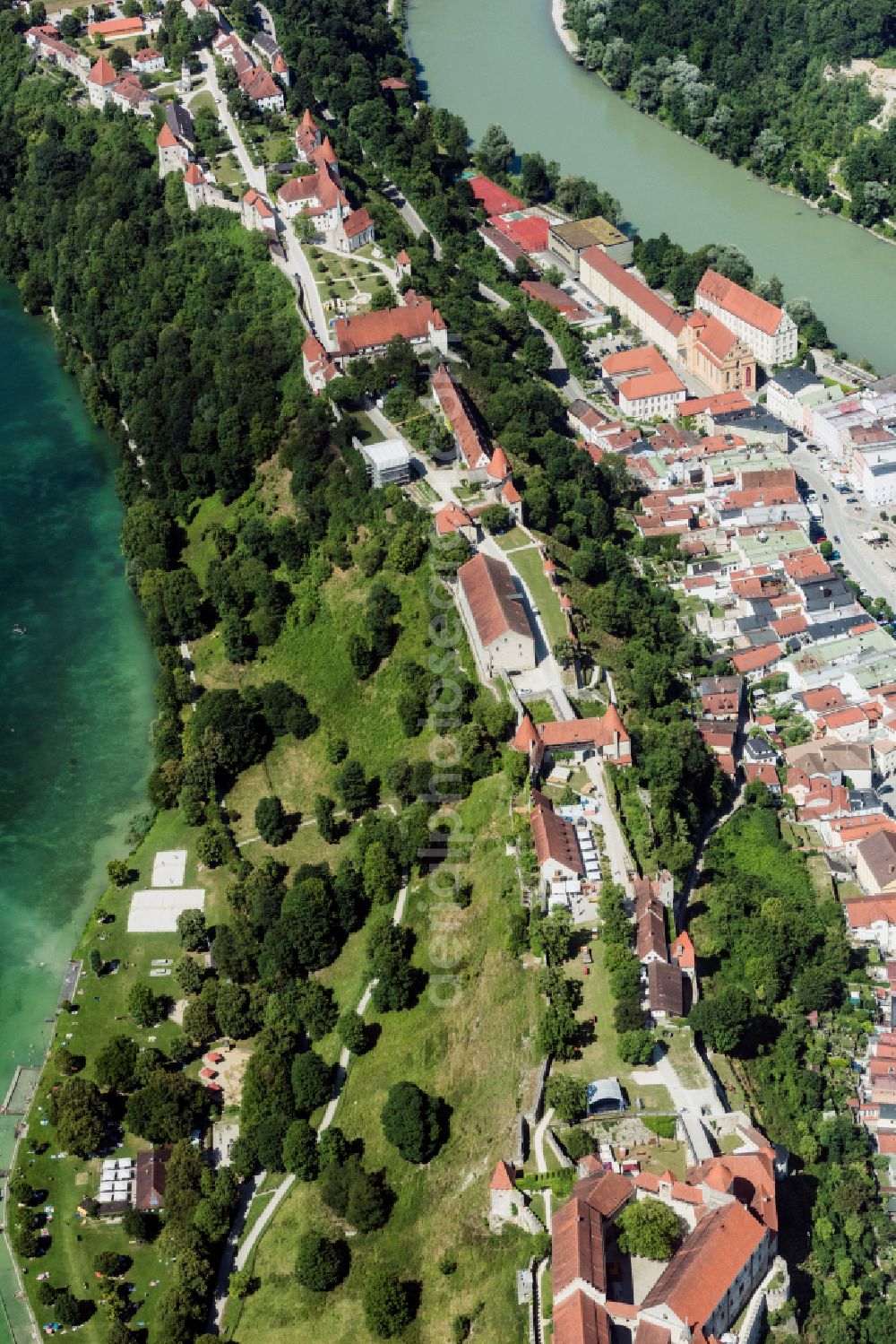 Burghausen from above - City view on the river bank of Salzach in Burghausen in the state Bavaria, Germany