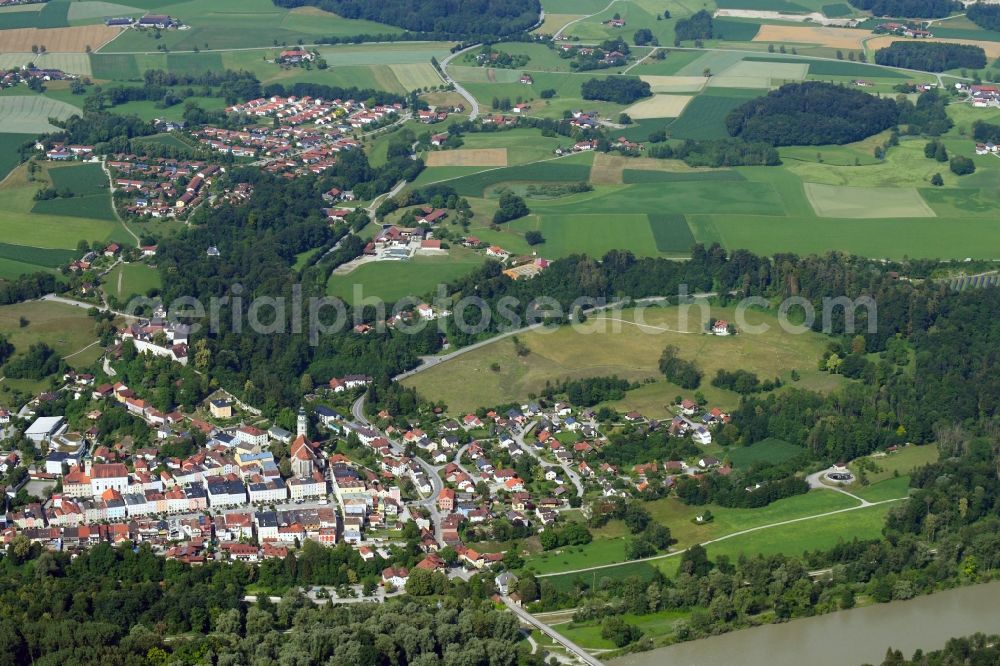 Tittmoning from above - City view on the river bank of Salzach in Tittmoning in the state Bavaria, Germany