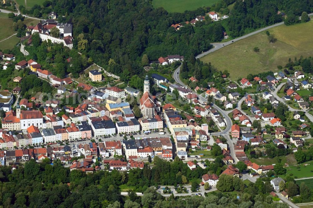 Tittmoning from the bird's eye view: City view on the river bank of Salzach in Tittmoning in the state Bavaria, Germany